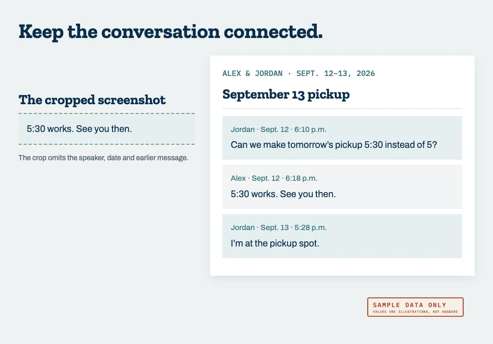 A cropped reply, “5:30 works. See you then,” beside its full fictional exchange. Jordan asks on September 12 to change the next day’s pickup from 5 to 5:30; Alex agrees; Jordan reports arrival at 5:28 on September 13.