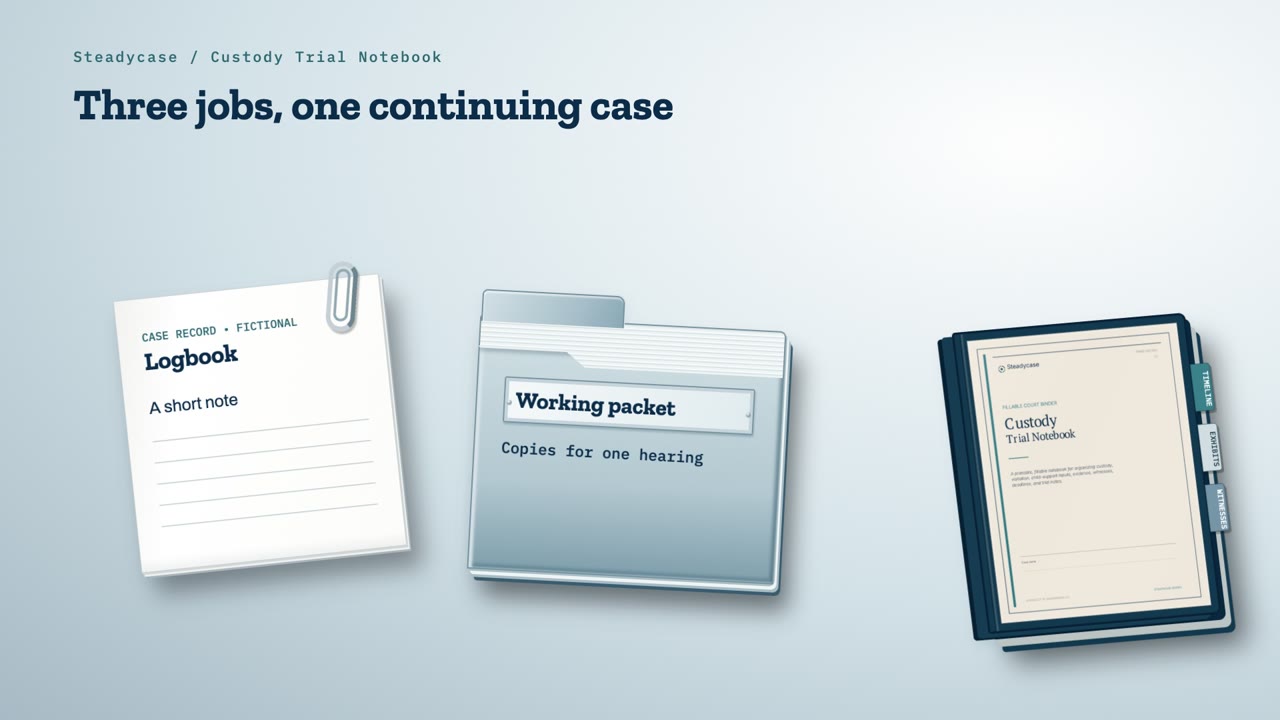 Slide titled Three jobs, one continuing case, with a logbook note, a folder labeled Working packet, copies for one hearing, and the Custody Trial Notebook binder.