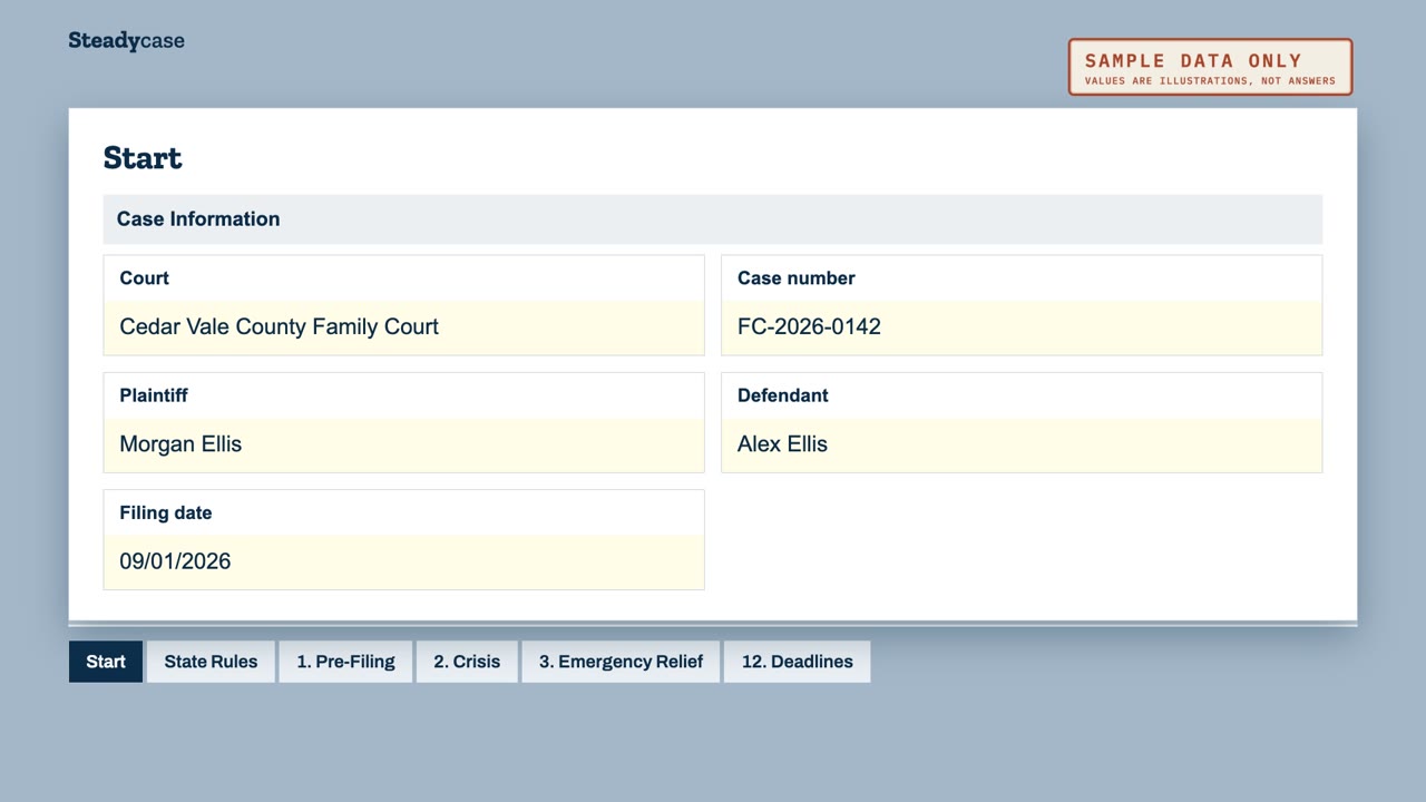 The notebook’s Start tab with fictional case information for Cedar Vale County Family Court, case FC-2026-0142, plaintiff Morgan Ellis and defendant Alex Ellis, marked Sample data only.